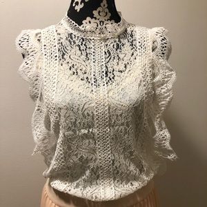 Women's Lace Casual Sheer Ruffle Trim Sleeveless Shirt Blouse See Through Top